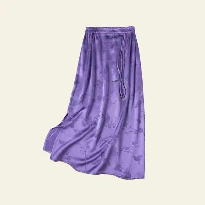 Jupe mi-mollet jacquard à cordon ajustable en soie véritable couleur violet
