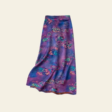 Jupe mi-mollet motifs nuages stylisés en soie véritable