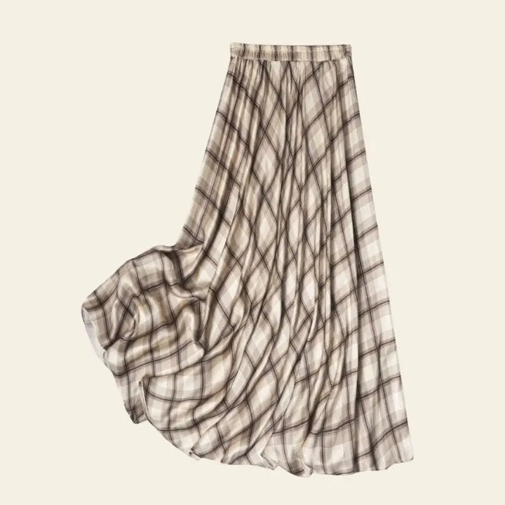 Jupe mi-mollet motif tartan beige en soie véritable