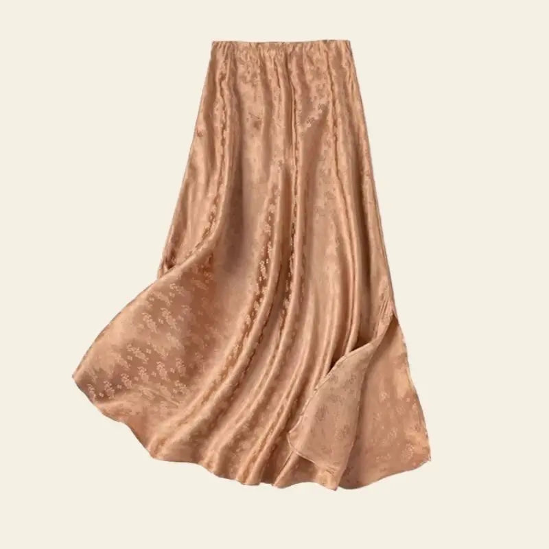 Jupe mi-mollet motif Paisley en soie véritable camel