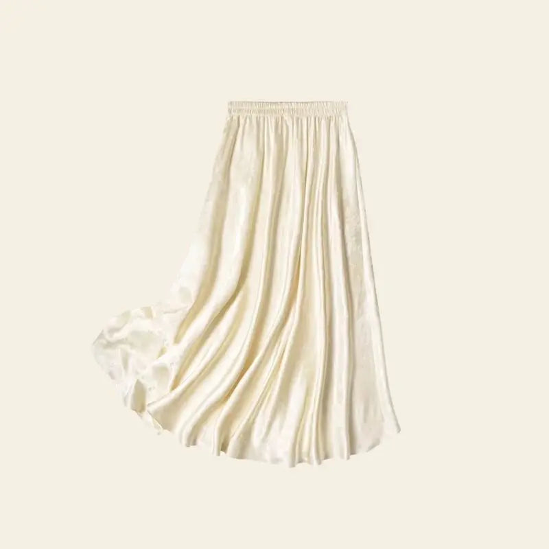 Jupe plissée trapèze mi-mollet en soie véritable couleur ivoire