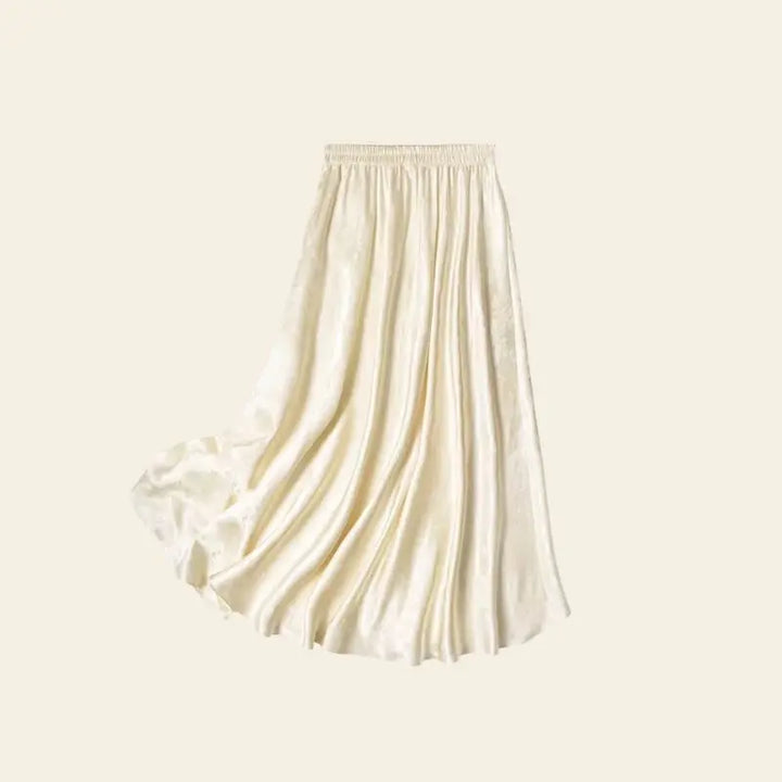 Jupe plissée trapèze mi-mollet en soie véritable couleur ivoire
