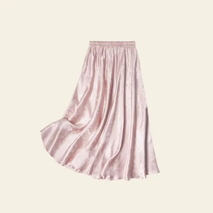 Jupe plissée trapèze mi-mollet en soie véritable couleur rose pastel