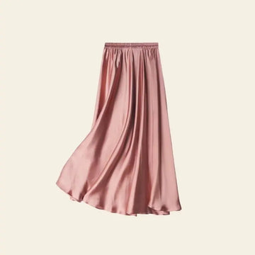 Jupe plissée unie effet satiné en soie véritable couleur corail