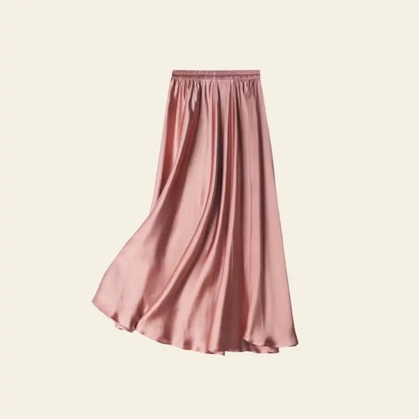 Jupe plissée unie effet satiné en soie véritable couleur corail