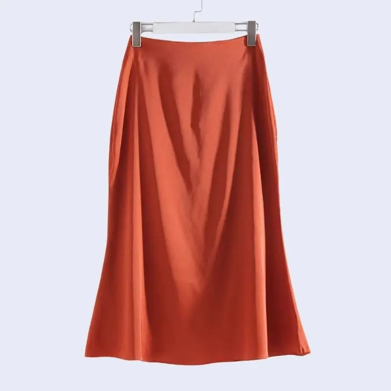 Jupe taille haute sirène mat en satin couleur corail