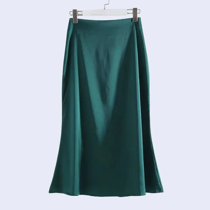 Jupe taille haute sirène mat en satin couleur verte