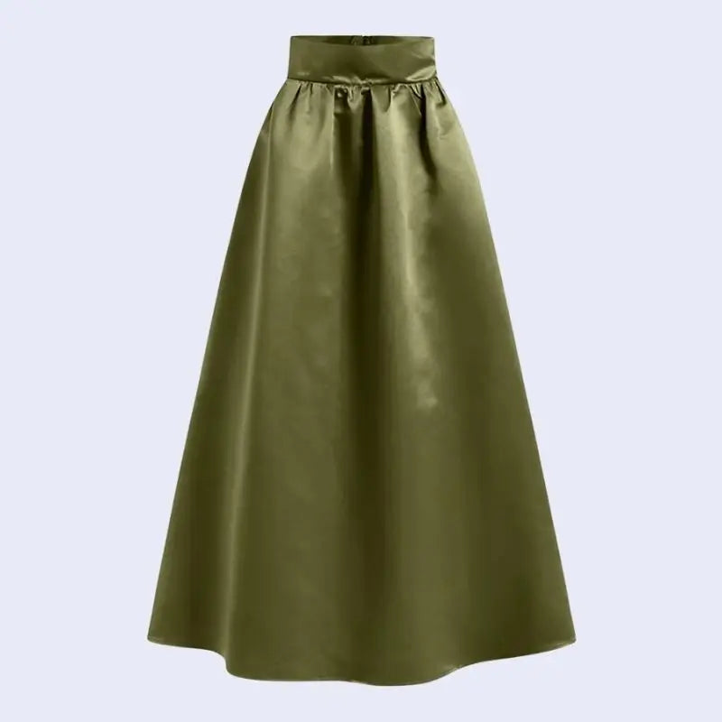 Jupe trapèze longue taille haute en satin couleur vert militaire