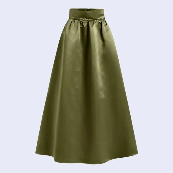 Jupe trapèze longue taille haute en satin couleur vert militaire