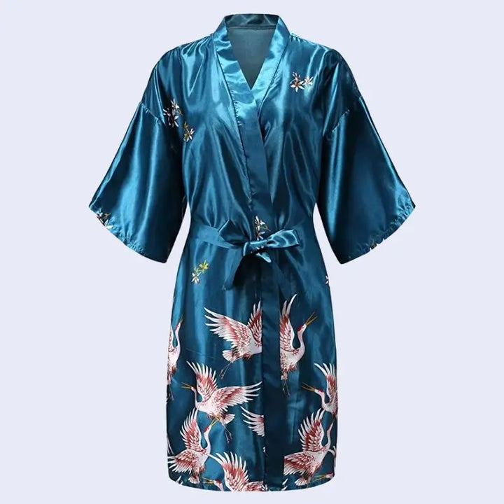 Kimono court brillant motif oiseau en satin couleur bleu turquoise