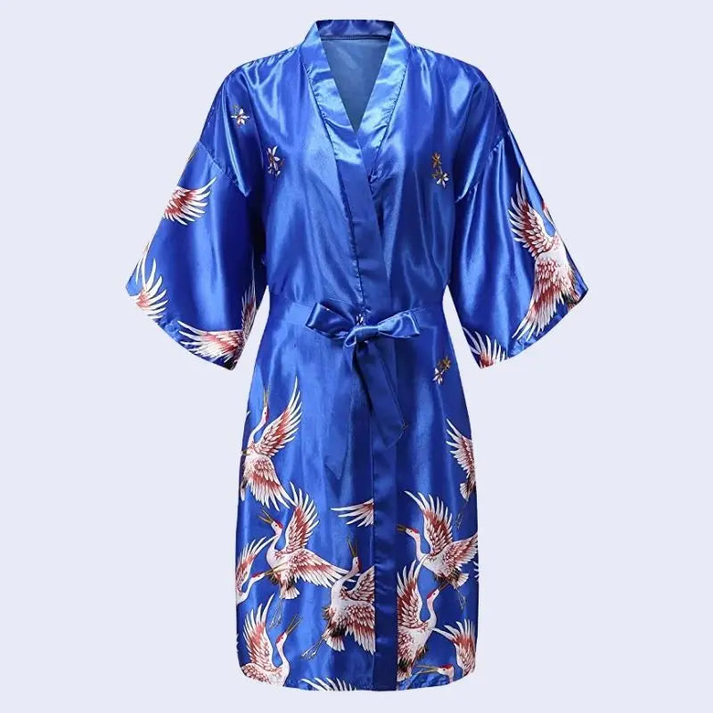 Kimono court brillant motif oiseau en satin couleur bleu