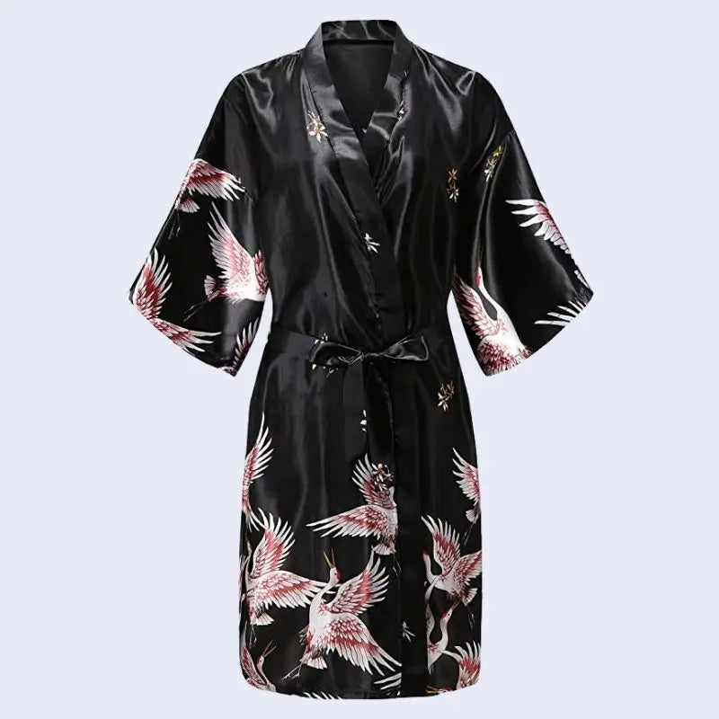 Kimono court brillant motif oiseau en satin couleur noire