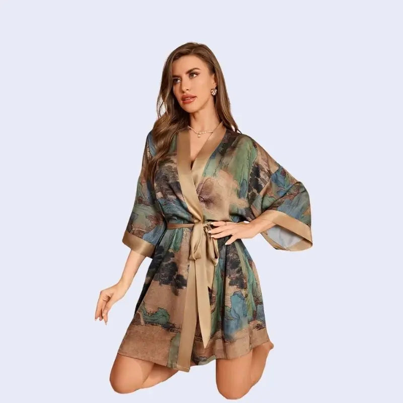 Kimono court motifs floraux en satin couleur café