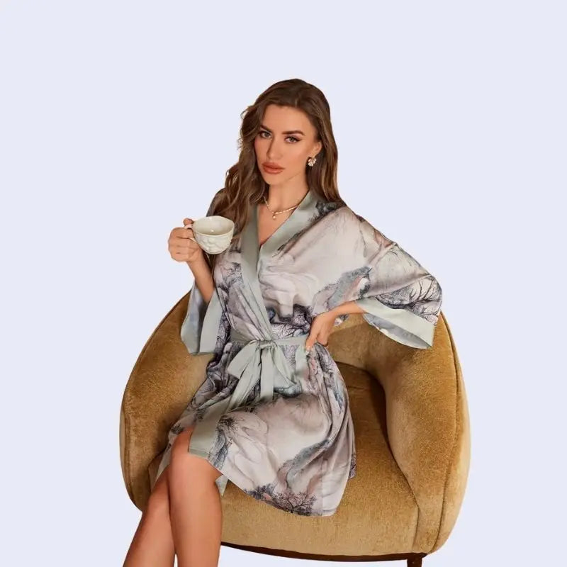 Kimono court motifs floraux en satin couleur gris