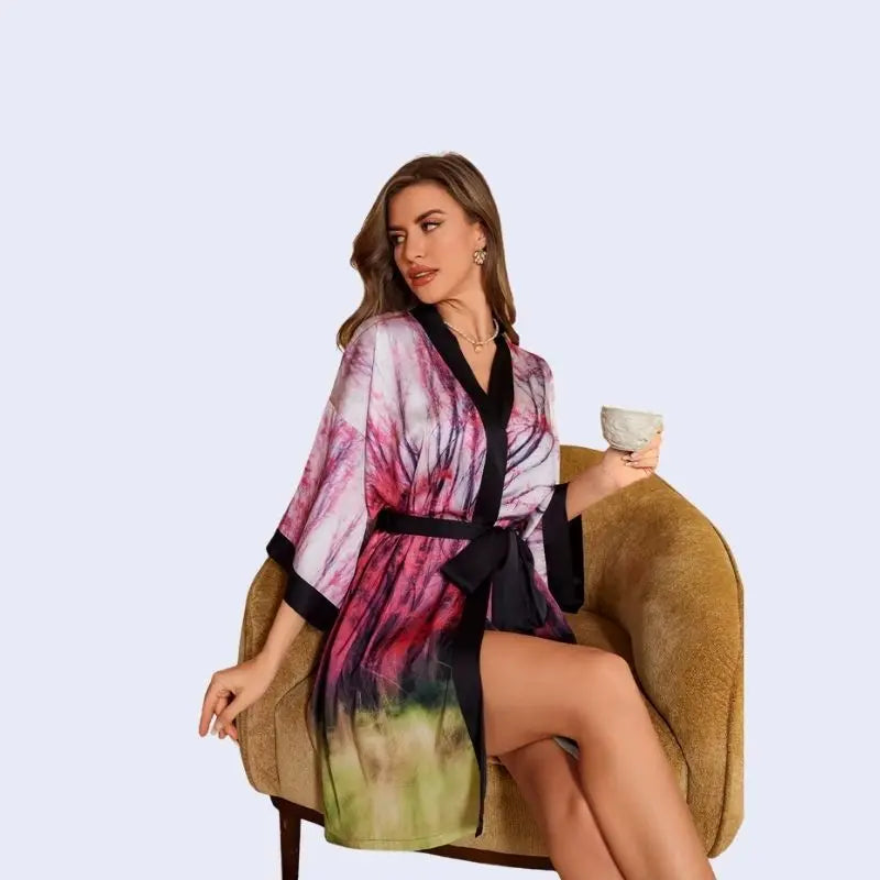 Kimono court motifs floraux en satin couleur rose