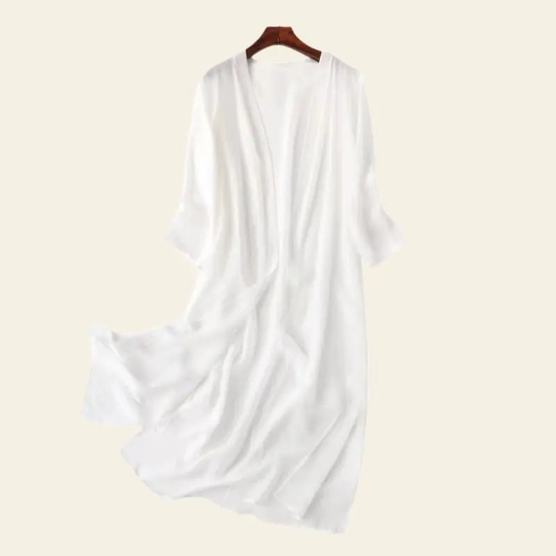 Kimono de plage long uni en soie naturelle couleur blanche
