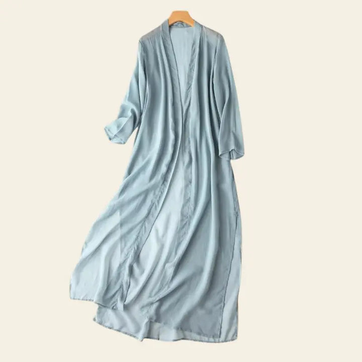 Kimono de plage long uni en soie naturelle couleur bleu ciel