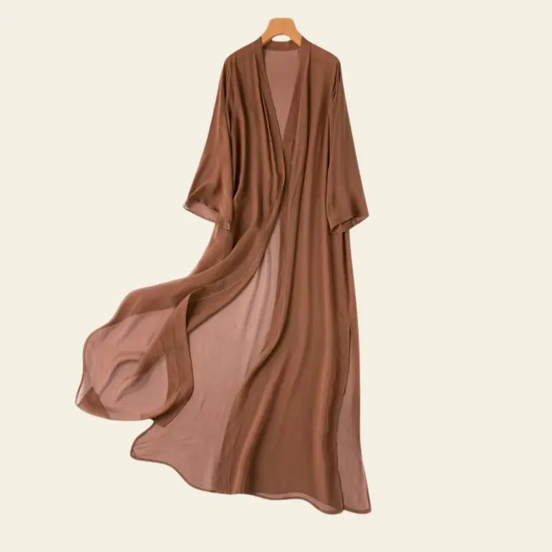 Kimono de plage long uni en soie naturelle couleur caramel