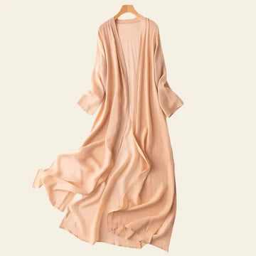 Kimono de plage long uni en soie naturelle couleur champagne