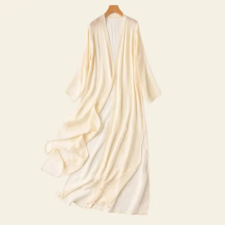 Kimono de plage long uni en soie naturelle couleur crème