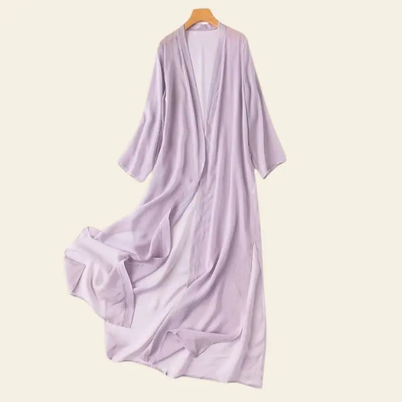 Kimono de plage long uni en soie naturelle couleur lila