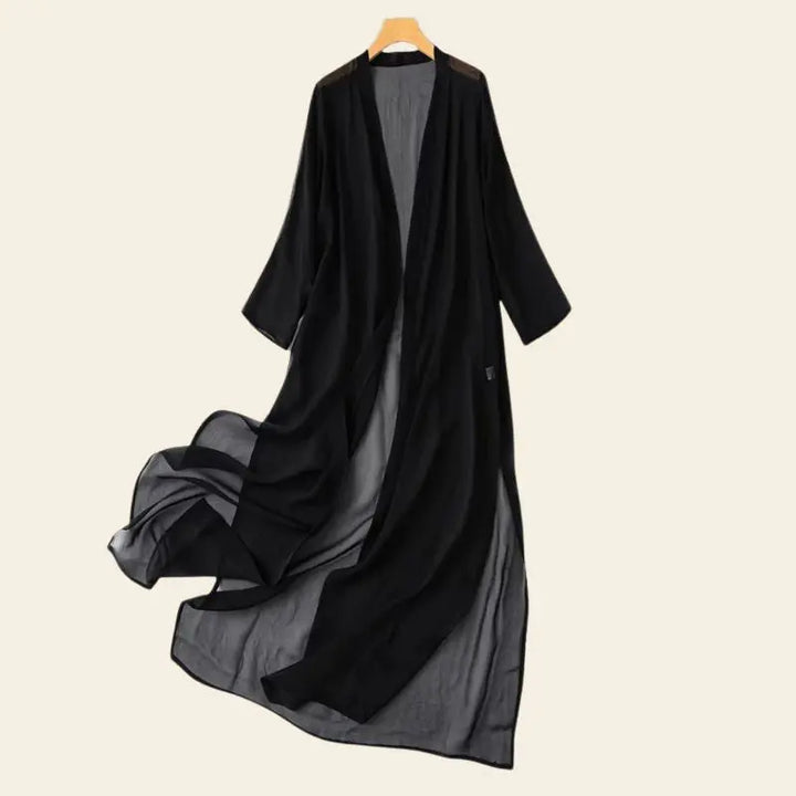 Kimono de plage long uni en soie naturelle couleur noire