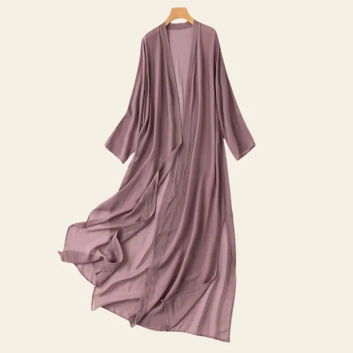 Kimono de plage long uni en soie naturelle couleur prune