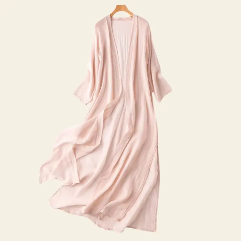 Kimono de plage long uni en soie naturelle couleur rose clair