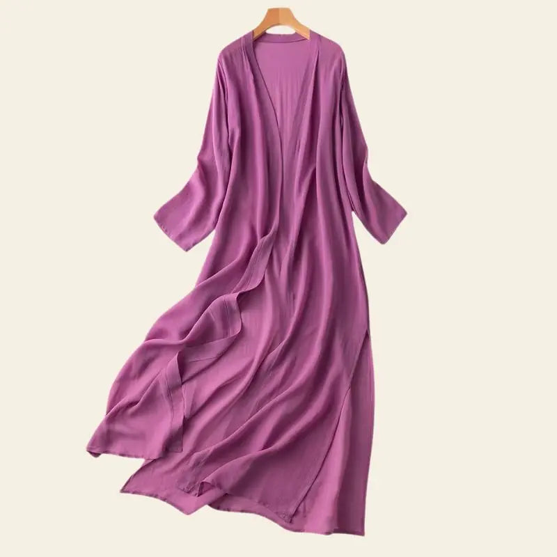 Kimono de plage long uni en soie naturelle couleur rose foncé