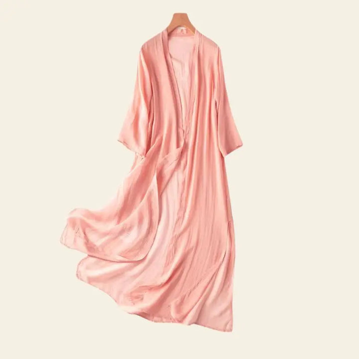 Kimono de plage long uni en soie naturelle couleur rose