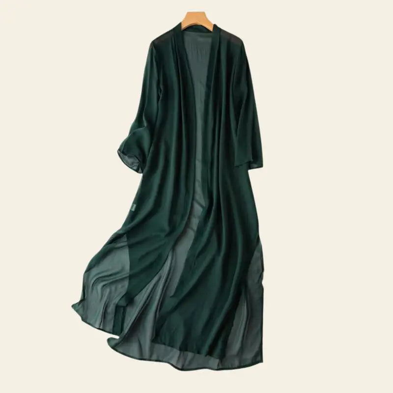 Kimono de plage long uni en soie naturelle couleur verte