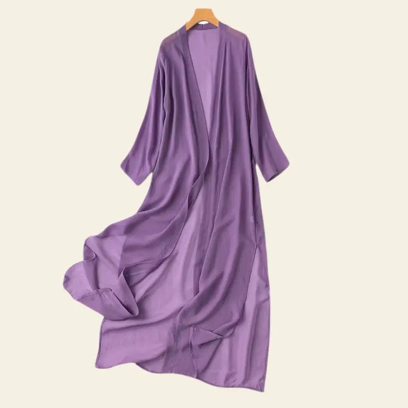 Kimono de plage long uni en soie naturelle couleur violet