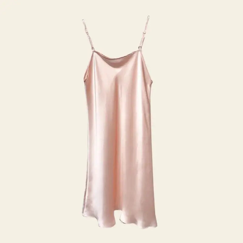 Mini-robe brillante à bretelles fines 100% soie couleur rose clair