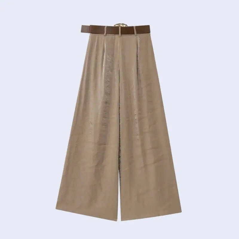 Dos d'un pantalon ample taille haute avec ceinture en satin marron