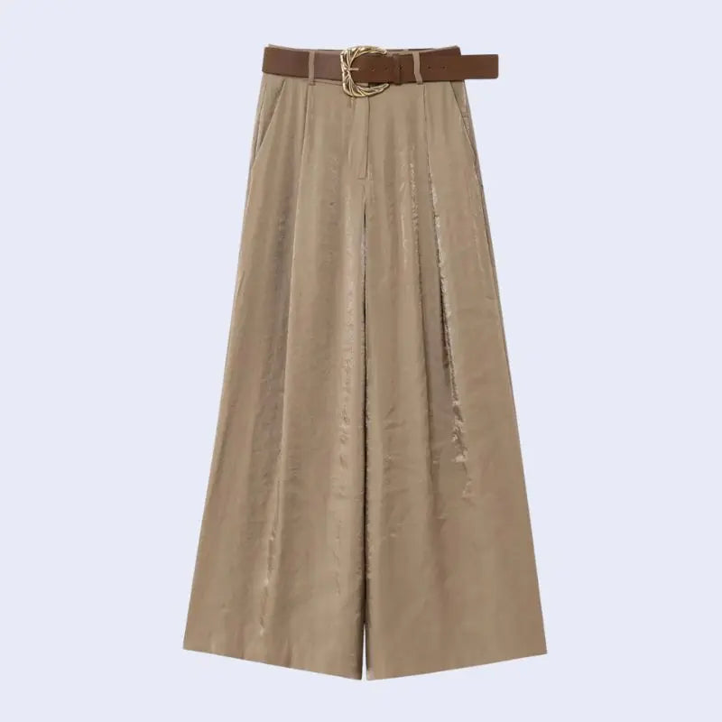 Pantalon ample taille haute avec ceinture en satin marron