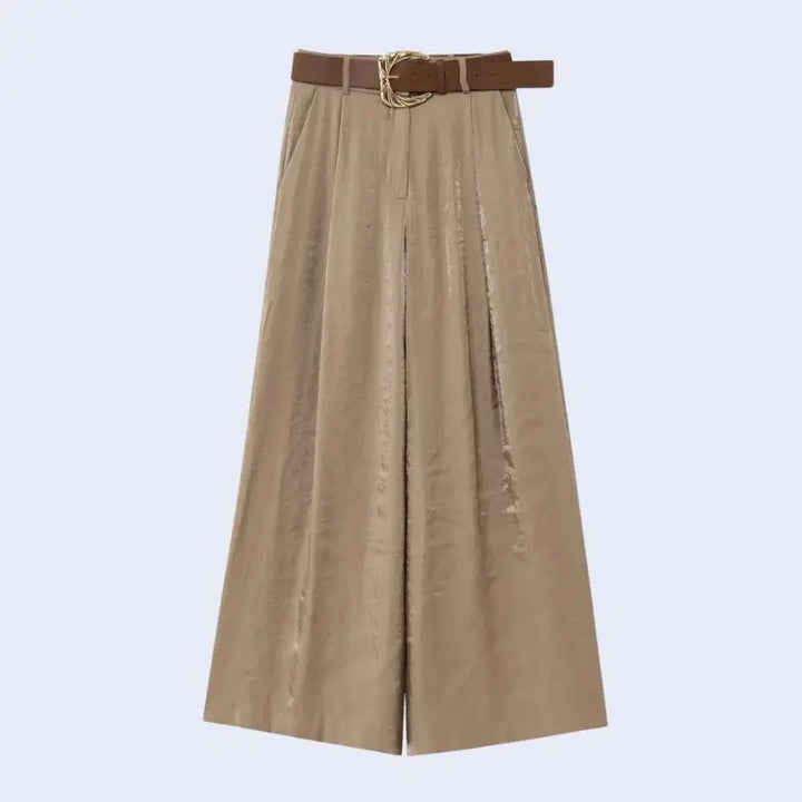 Pantalon ample taille haute avec ceinture en satin marron