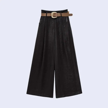 Pantalon ample taille haute avec ceinture en satin noir
