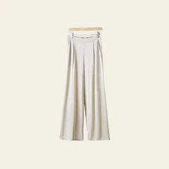 Pantalon droit chic uni en soie couleur ivoire