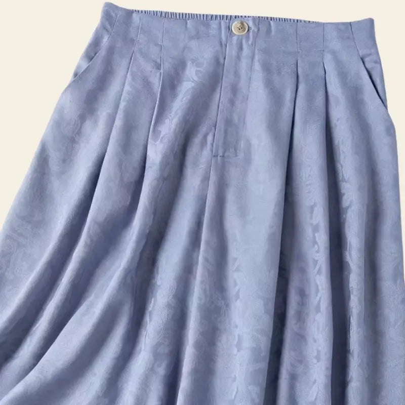 Zoom sur un pantalon jambes larges bleu ciel en soie filée