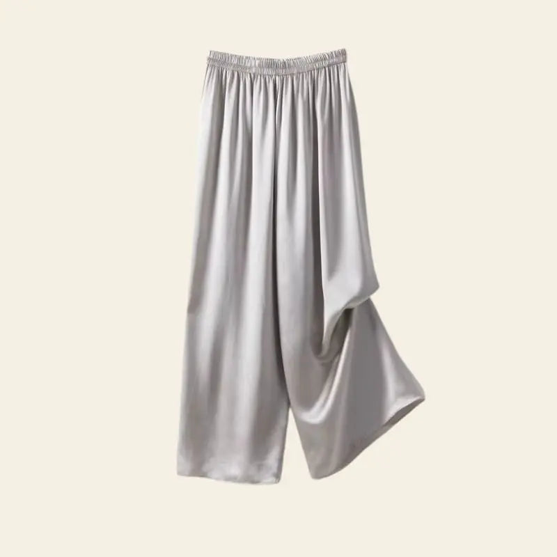 Pantalon large plissé élastique en soie de mûrier couleur argenté