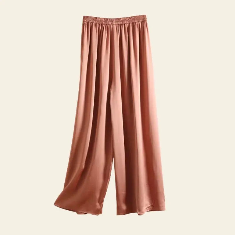 Pantalon large plissé élastique en soie de mûrier couleur corail