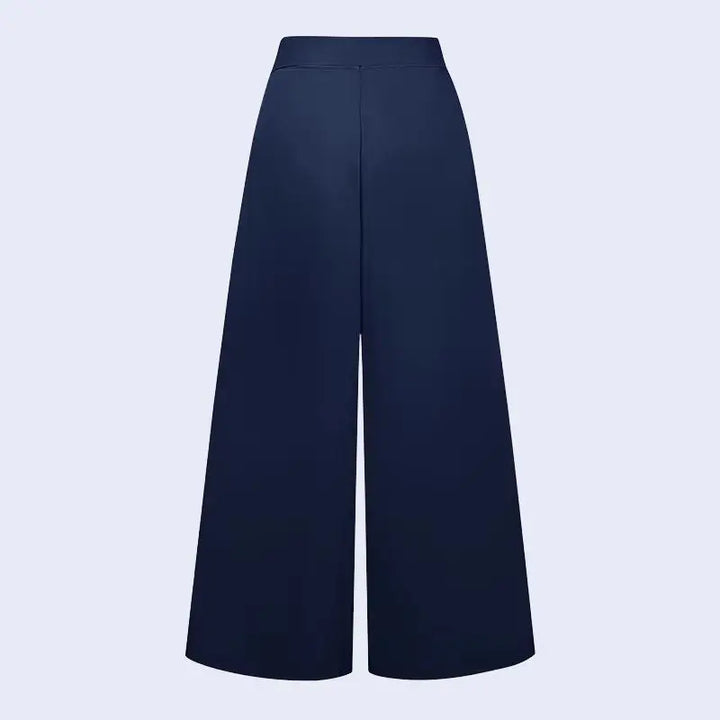 Arrière d'un pantalon large plissé avec fermeture zip en satin couleur bleu marine