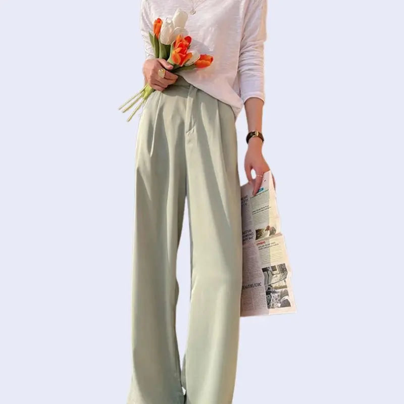 Pantalon long brillant boutonné en satin vert pastel