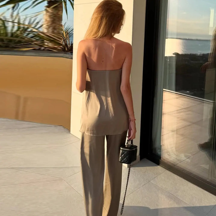 Pantalon long brillant chic en satin beige l Satin Lifestyle