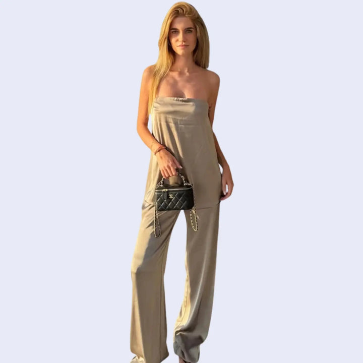 Pantalon long brillant chic en satin beige l Satin Lifestyle