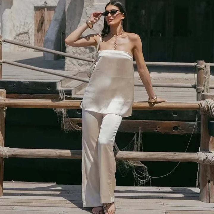 Pantalon long brillant chic en satin ivoire l Satin Lifestyle
