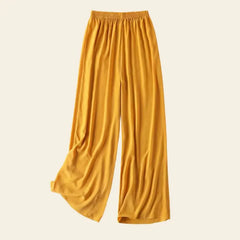 Pantalon long élastique à jambes larges en soie véritable couleur ocre