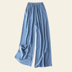 Pantalon long élastique à jambes larges en soie véritable couleur bleu ciel