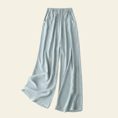 Pantalon long élastique à jambes larges en soie véritable couleur bleu clair