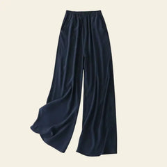 Pantalon long élastique à jambes larges en soie véritable couleur bleu marine